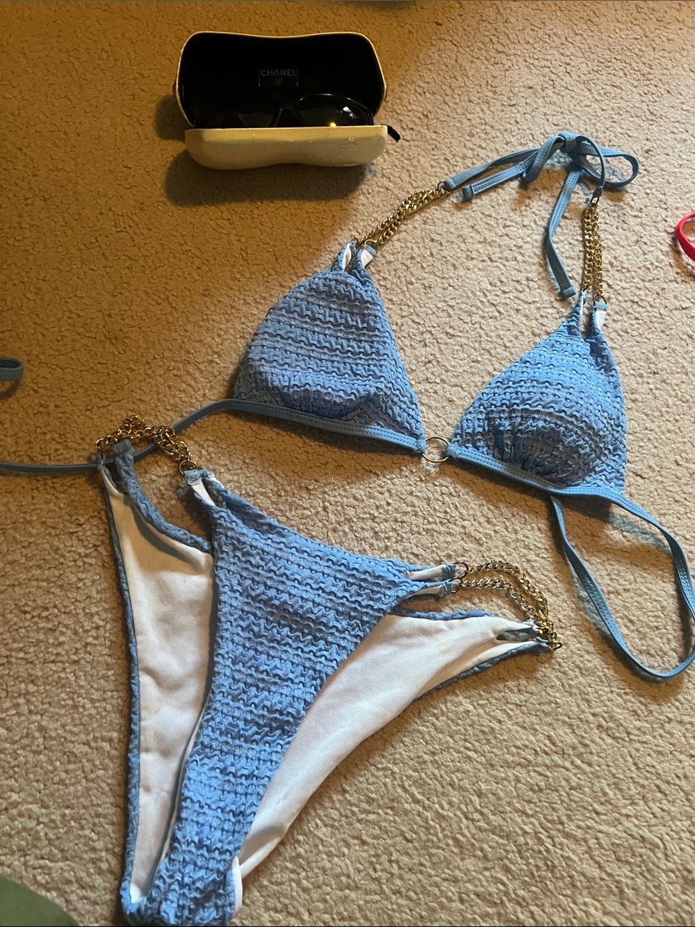 Light Blue Crochet Bikini with Gold Chain Accents